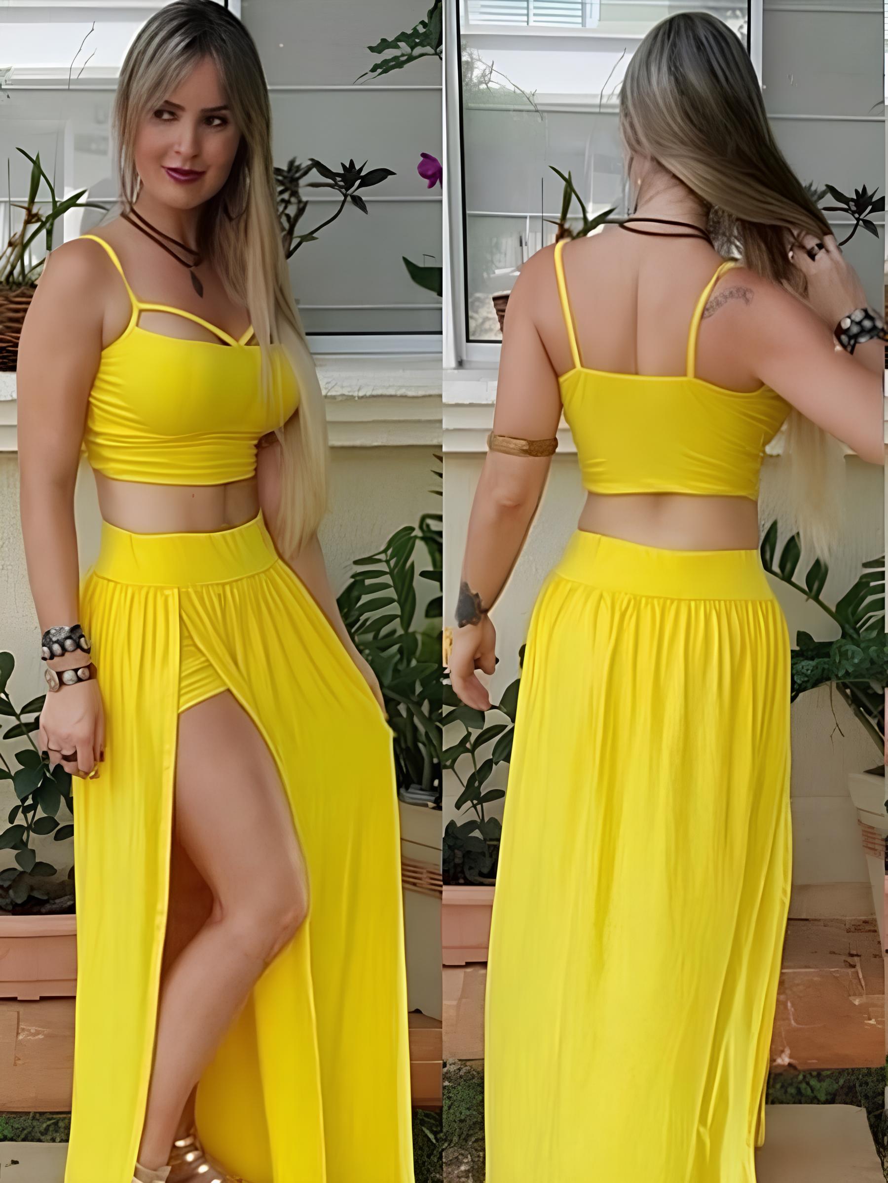 Conjunto Feminino Diva Breeze - Cropped Saia Longa Com Short