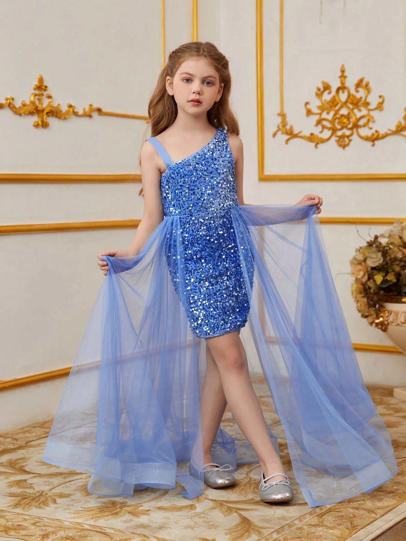 vestido curto infantil com tule com Lantejoulas – 5 Cores Incríveis