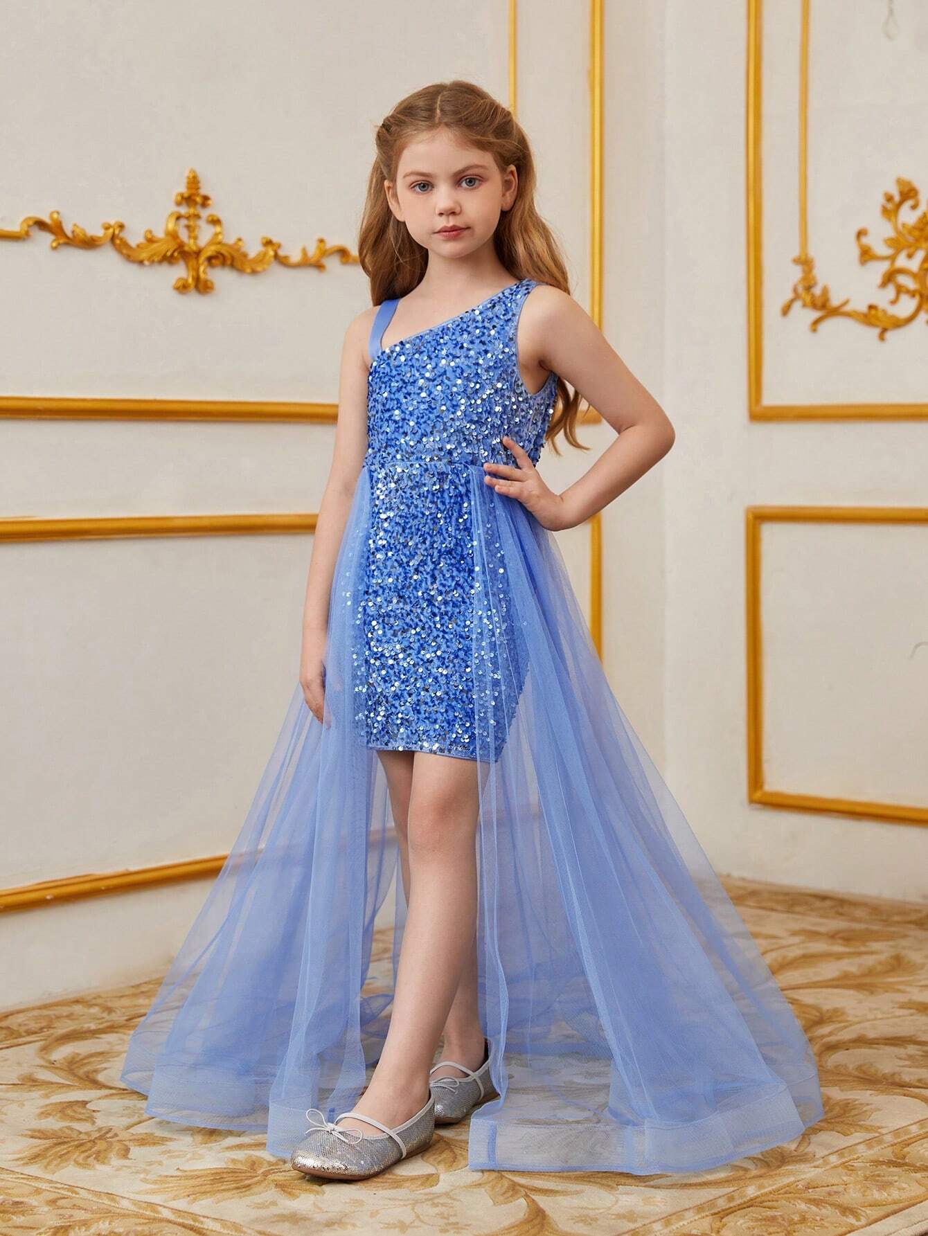 vestido curto infantil com tule com Lantejoulas – 5 Cores Incríveis