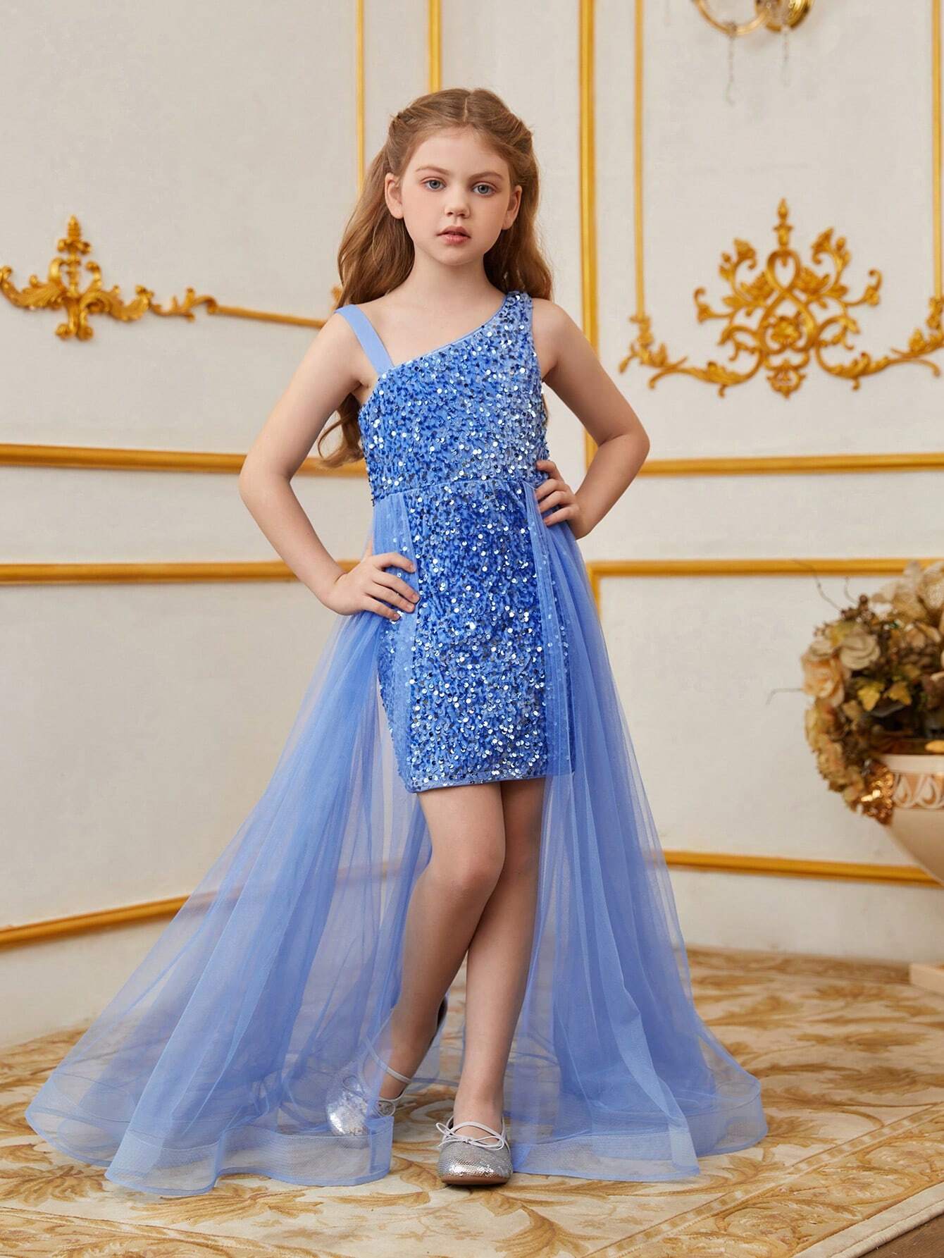 vestido curto infantil com tule com Lantejoulas – 5 Cores Incríveis