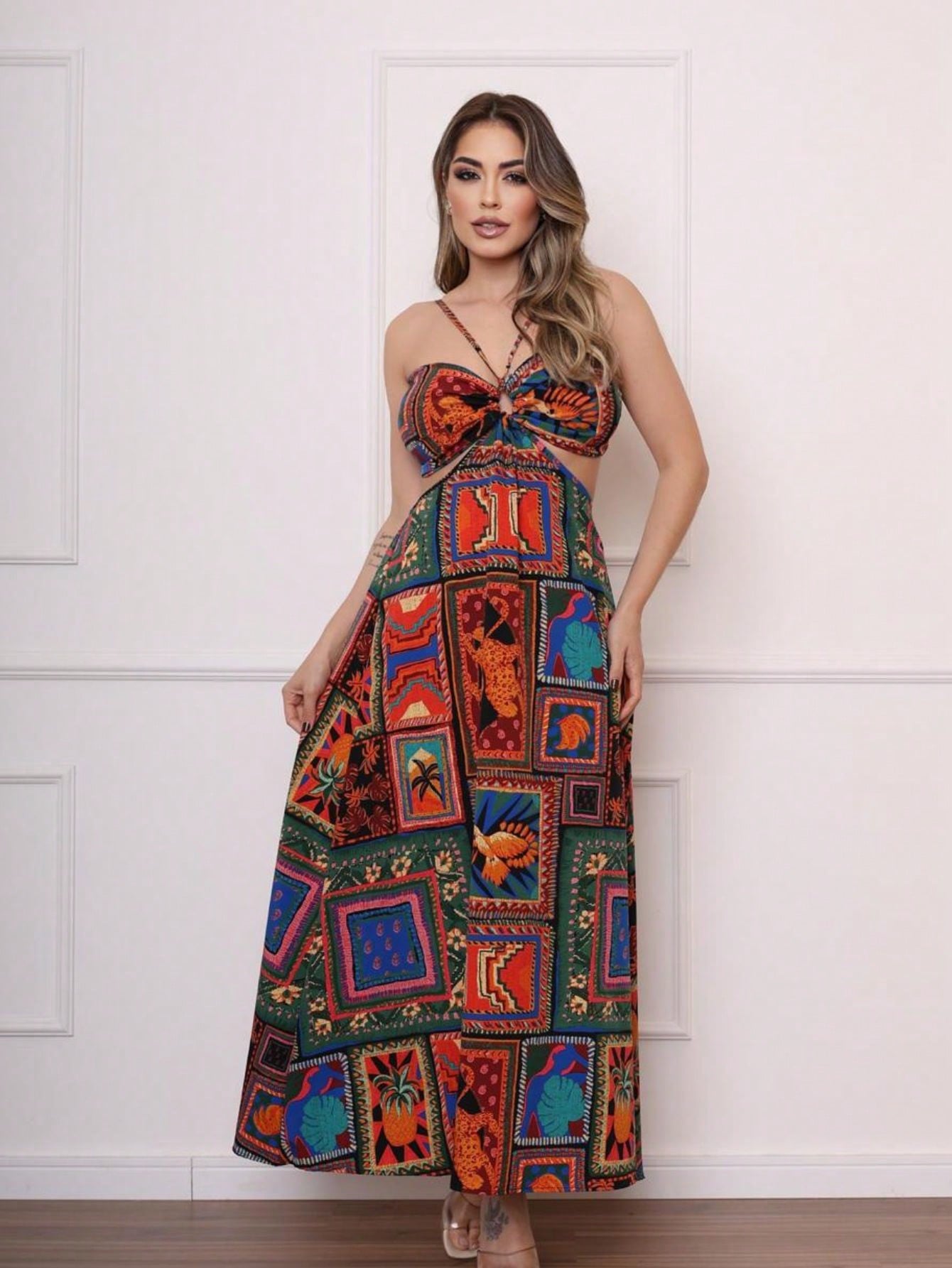 Vestido Crepe Longo Estampado