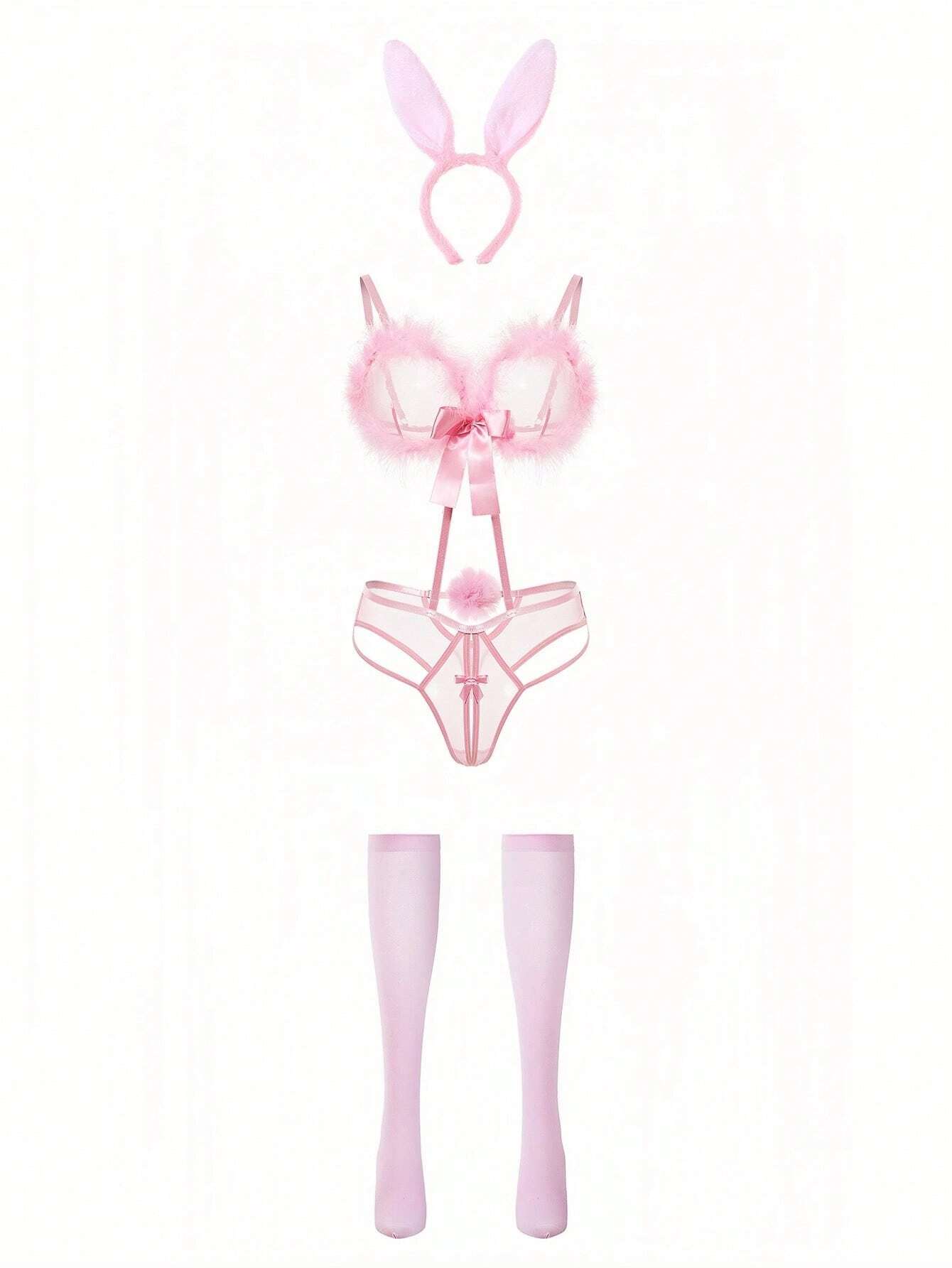 Lingerie Coelhinha Sexy – Conjunto 4 Peças | Rosa ou Vermelho