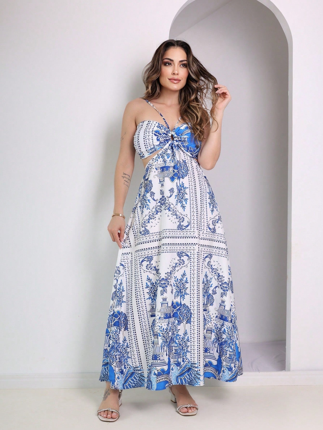 Vestido Crepe Longo Estampado