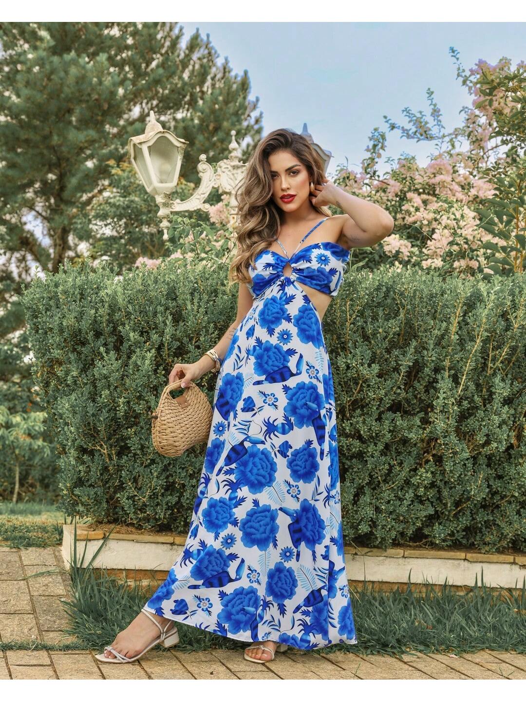 Vestido Crepe Longo Estampado