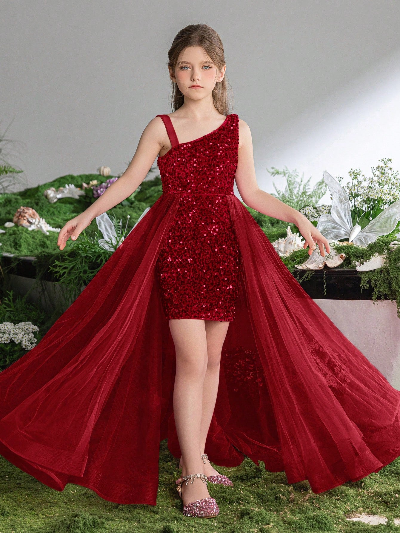 vestido curto infantil com tule com Lantejoulas – 5 Cores Incríveis