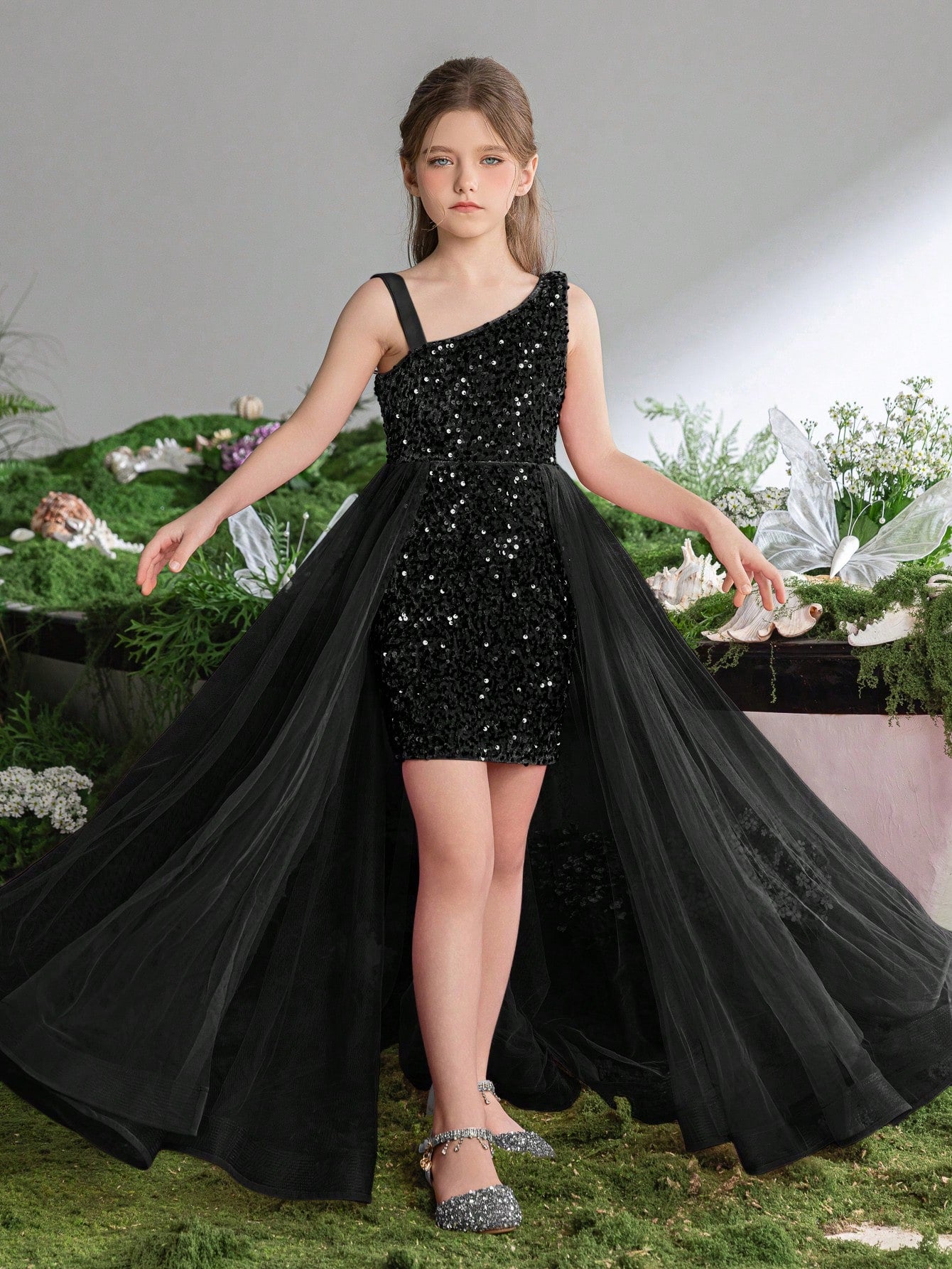 vestido curto infantil com tule com Lantejoulas – 5 Cores Incríveis