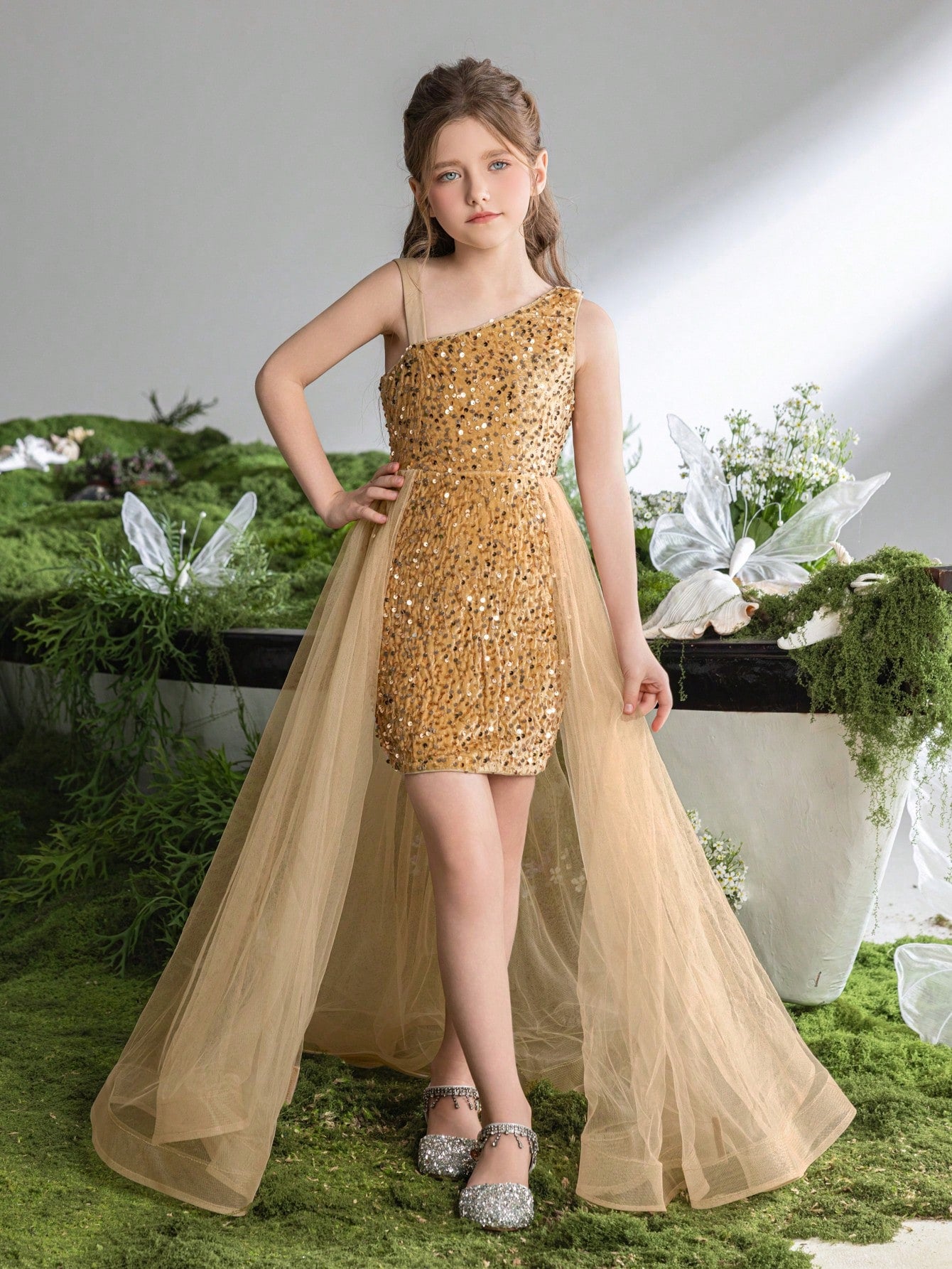 vestido curto infantil com tule com Lantejoulas – 5 Cores Incríveis