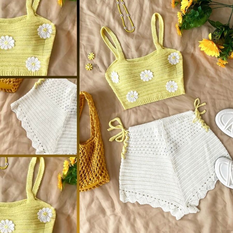 Biquíni de Crochê Amarelo e Branco ✨