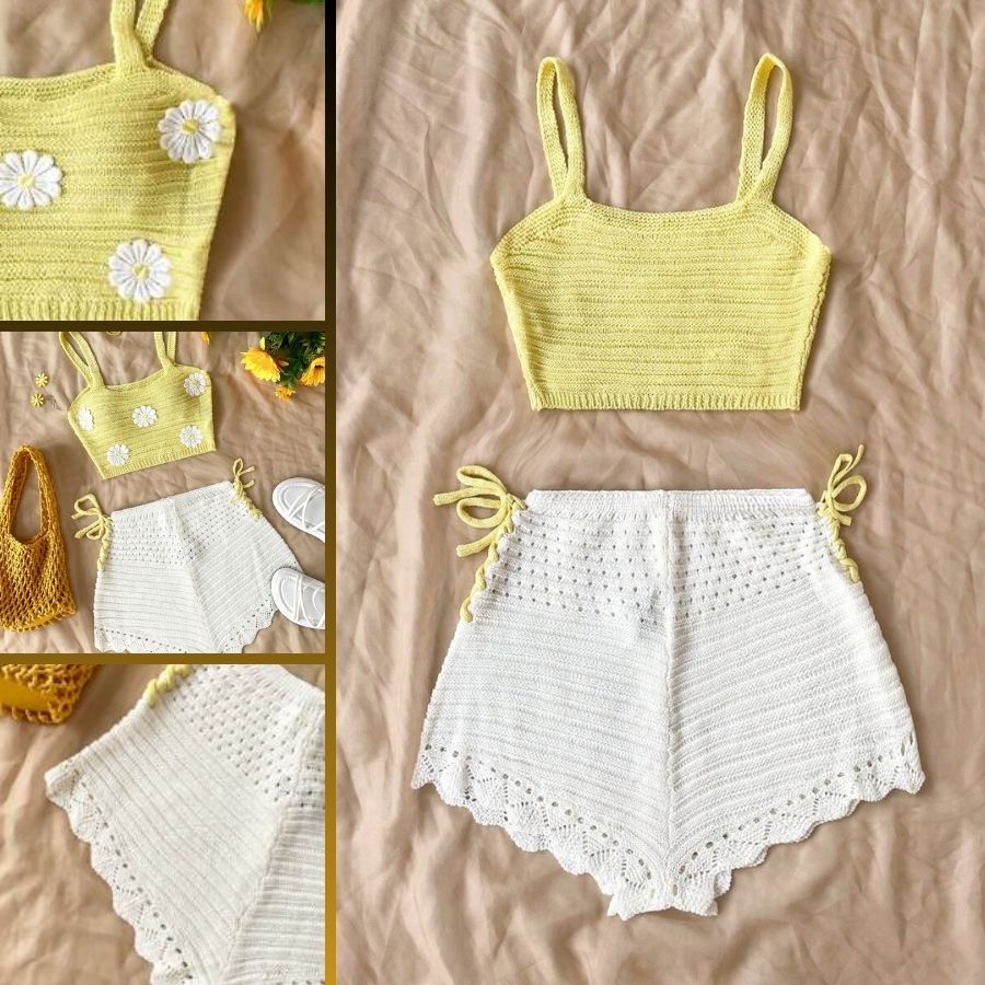 Biquíni de Crochê Amarelo e Branco ✨