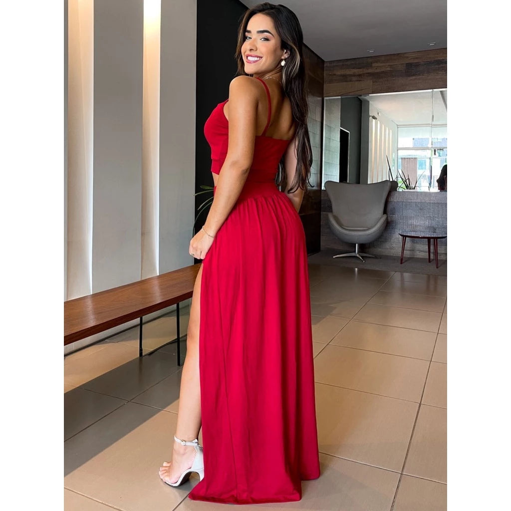 Conjunto Feminino Diva Breeze - Cropped Saia Longa Com Short