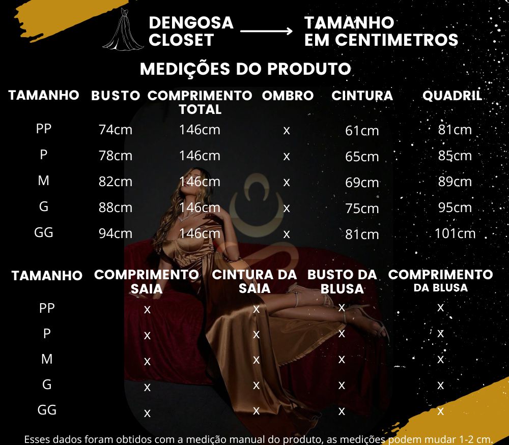 Tabela de medidas do vestido de cetim