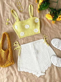 Biquíni de Crochê Amarelo e Branco ✨