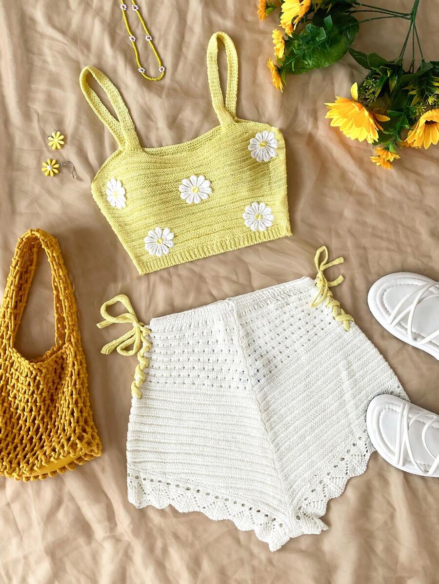 Biquíni de Crochê Amarelo e Branco ✨