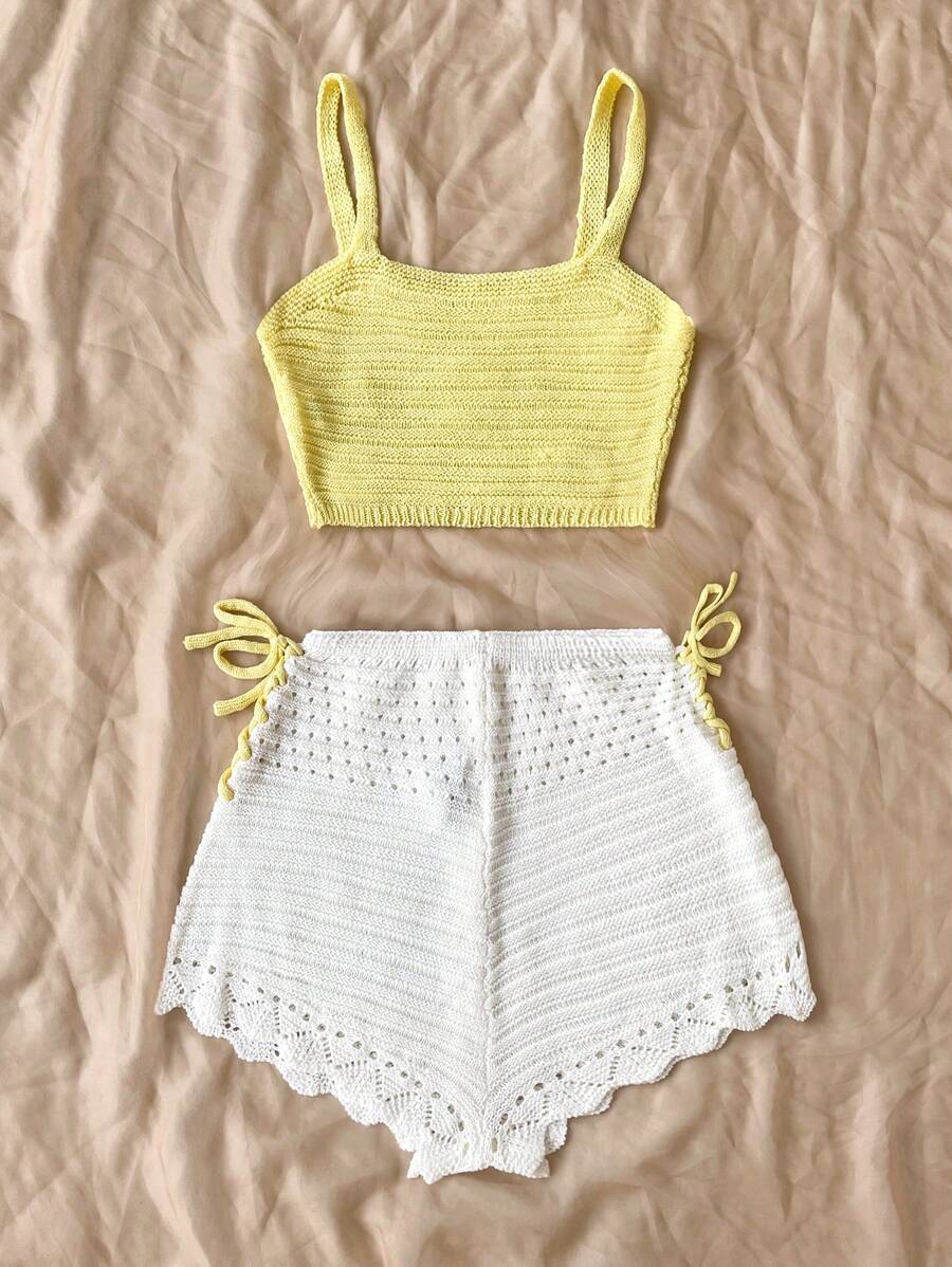Biquíni de Crochê Amarelo e Branco ✨