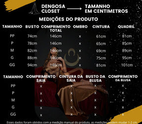 Tabela de medidas do vestido de cetim